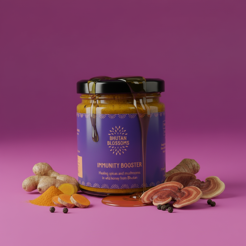 Jar of 'Immunity Booster' with ingredients on a pink background