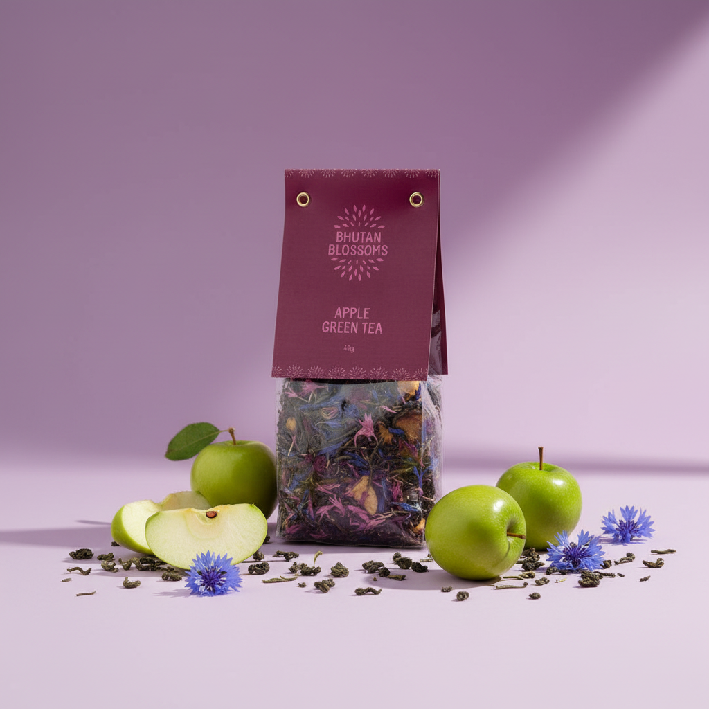 Bhutan Blossoms Apple Green Tea package with green apples and flowers on a purple background
