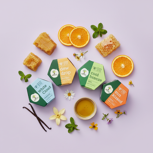 Hexagonal containers with different scents surrounded by oranges, honeycomb, and flowers on a light purple background