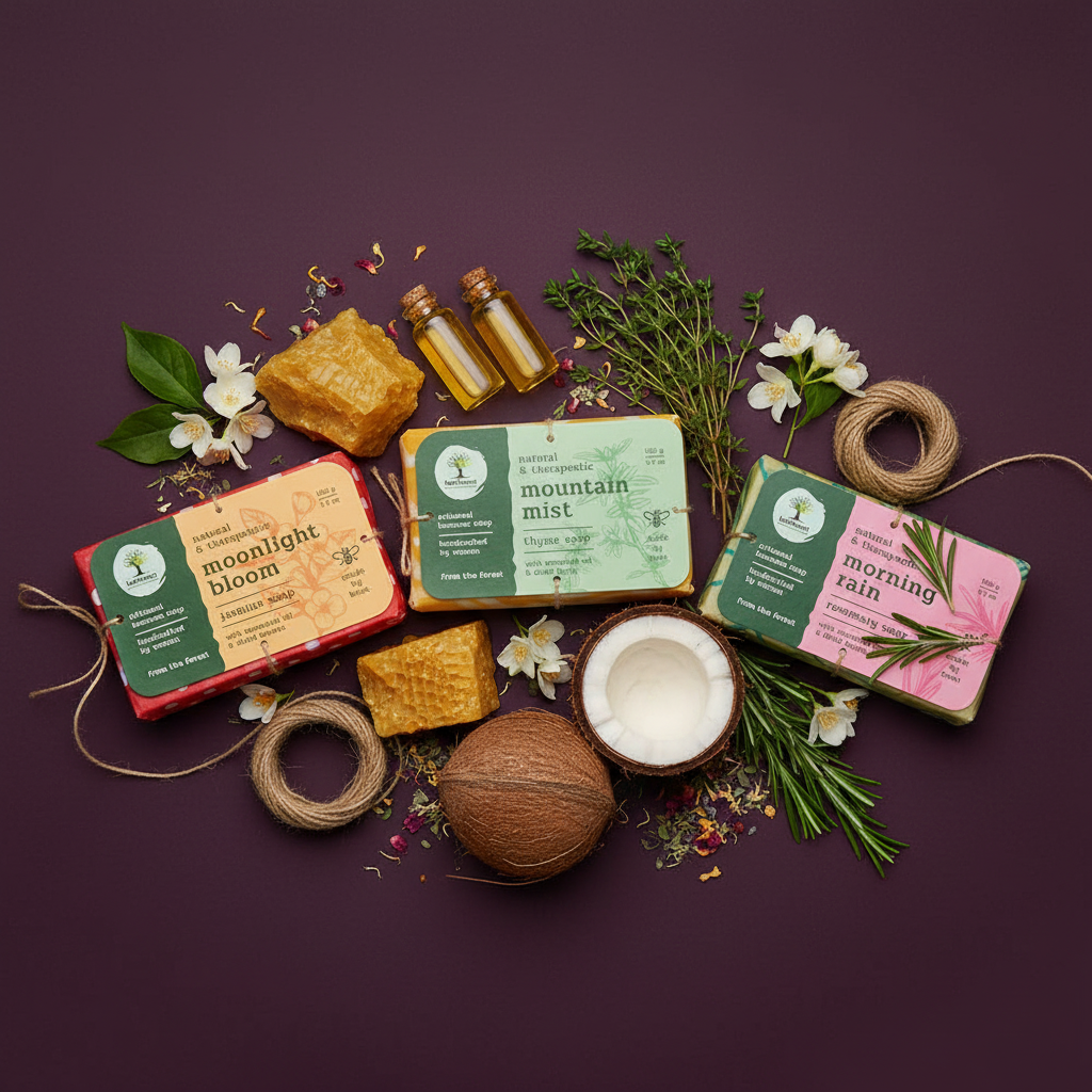 Collection of natural soap bars with packaging on a purple background