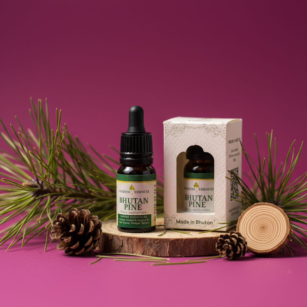 A bottle of Organic Remedies Bhutan Pine essential oil next to its white packaging box, styled on a wooden slice with pine needles, pinecones, and a wood slice against a magenta background.