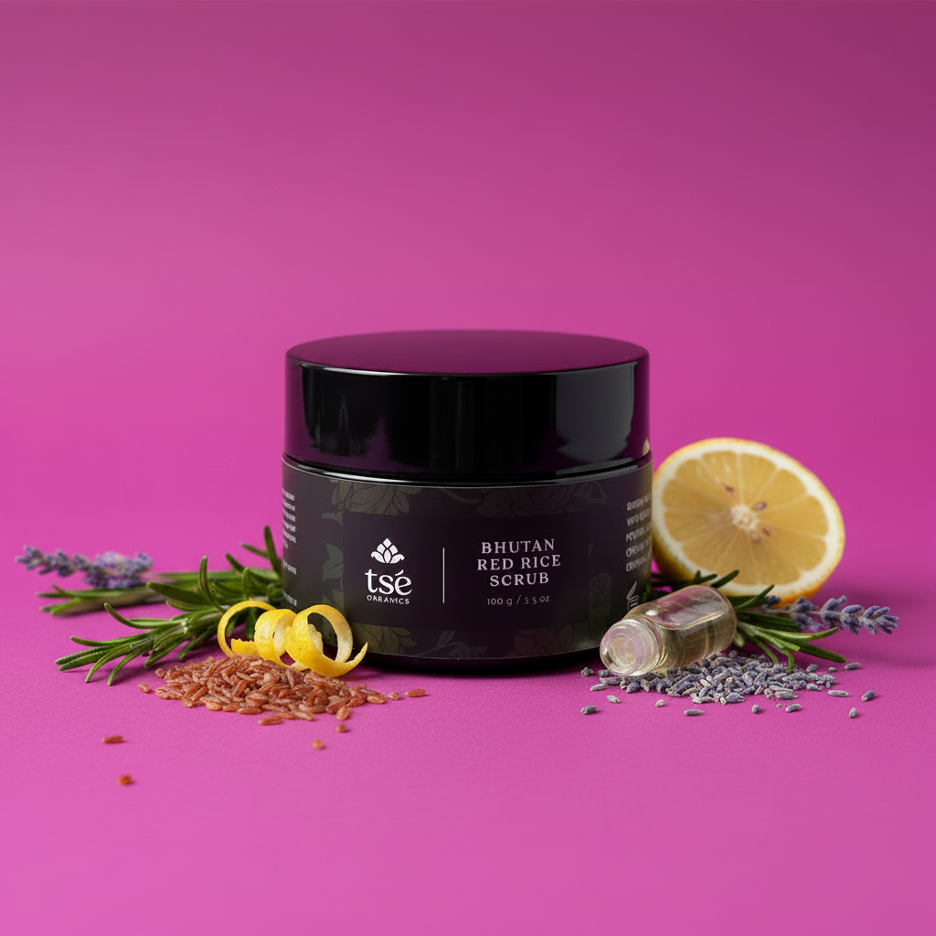 Jar of Bhutan Red Rice Scrub with lavender, lemon, and rice on a pink background