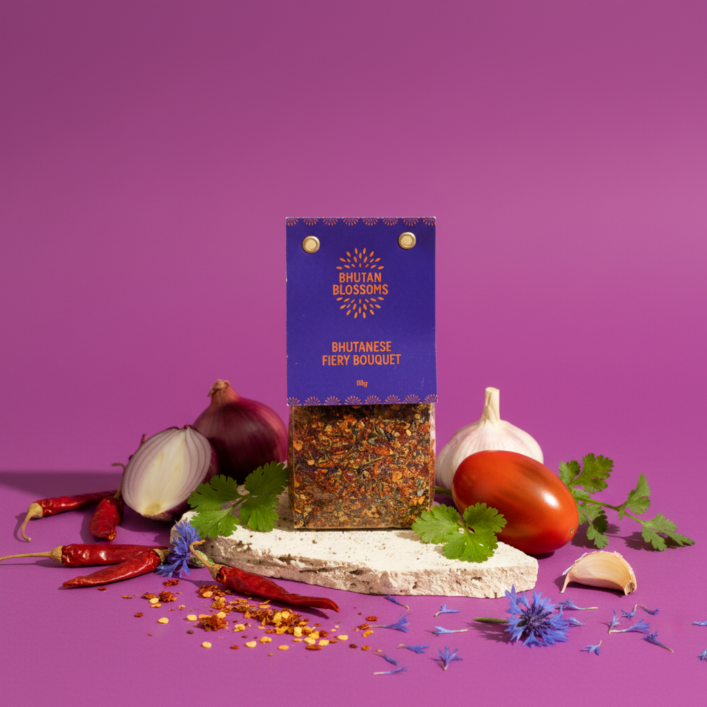 Bhutan Blossoms Bhutanese Fiery Bouquet spice package on a purple background with spices and herbs.