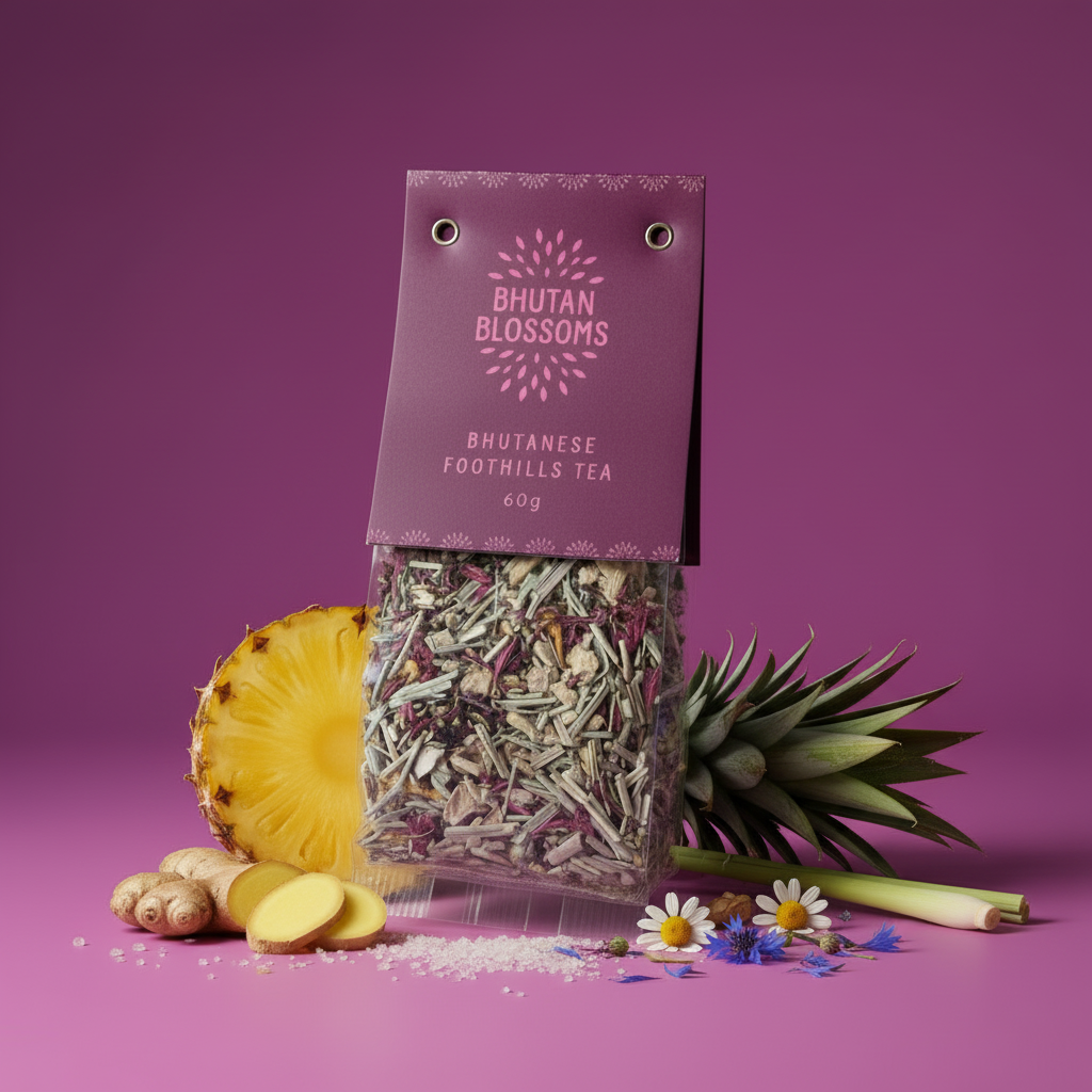 Bhutan Blossoms tea package with dried herbs and pineapple on a purple background