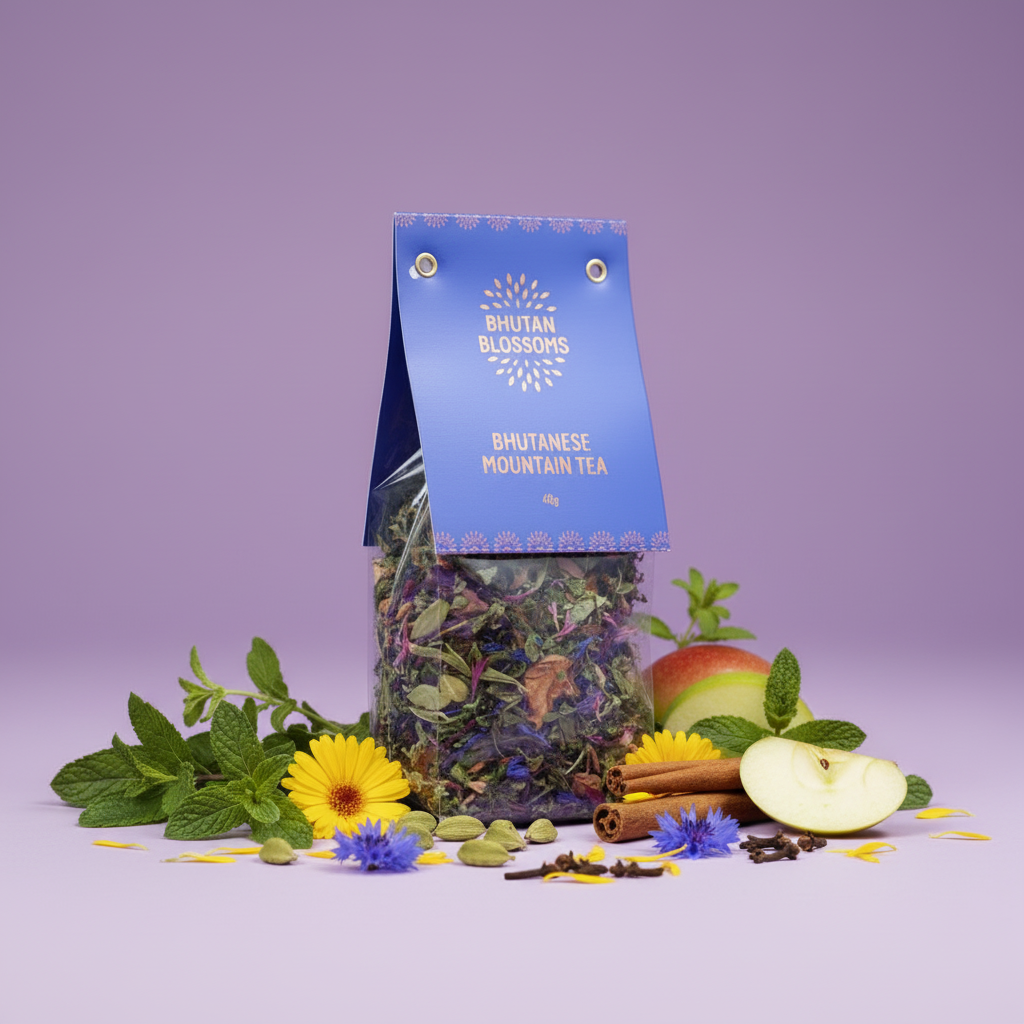 Bhutanese Mountain Tea packaging with natural elements on a purple background
