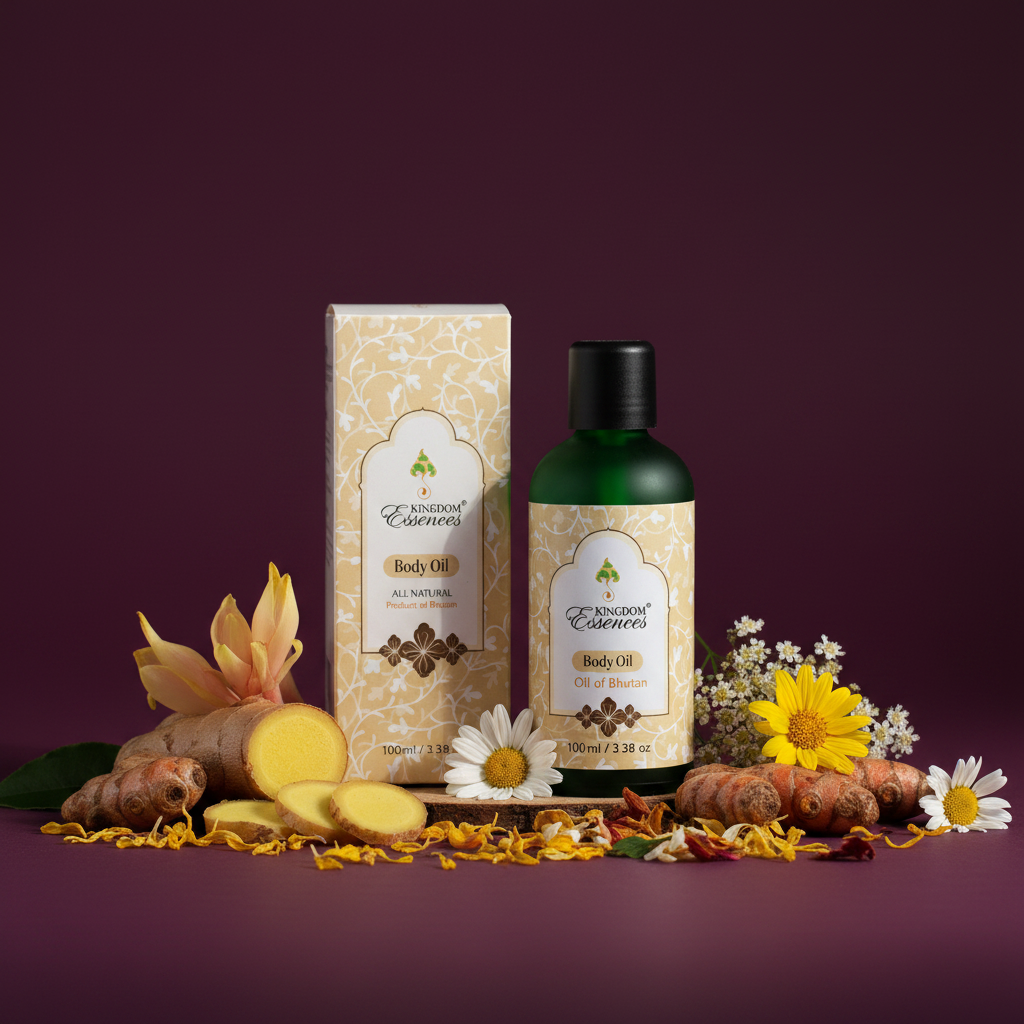 A bottle of Eccecosmetics Body Oil next to its matching patterned box, styled with ginger root, sliced yellow turmeric, daisies, and other flowers on a deep purple background.