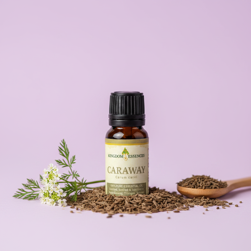 A bottle of Kingdom Essenced Caraway essential oil with a black cap, styled with caraway seeds, a small wooden spoon, and white flowers on a light purple background.