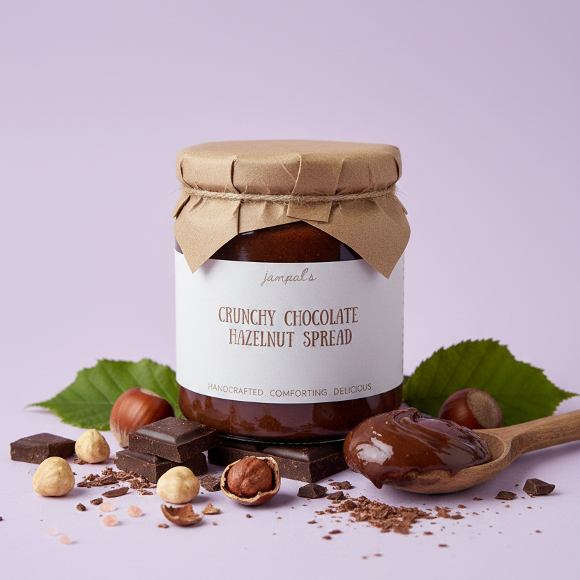 A jar of 'Crunchy Chocolate Hazelnut Spread' by the brand 'joviale' styled on a light purple background with chocolate pieces, hazelnuts, green leaves, and a wooden spoon.