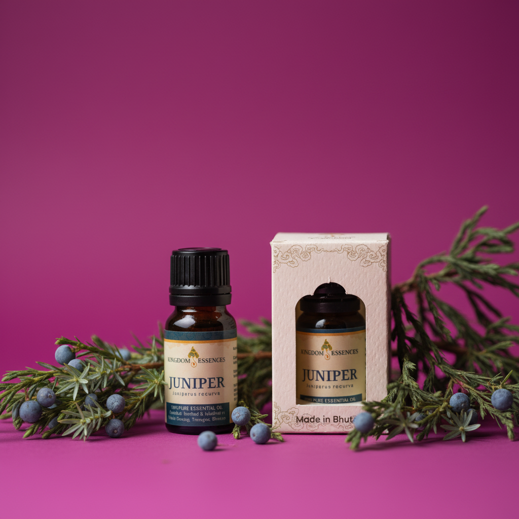 An amber glass bottle of Juniper essential oil with a black cap stands next to its cream-colored packaging box. The bottle and box feature a gold label with the brand name 'Kingdom Essences' and the word 'JUNIPER'.