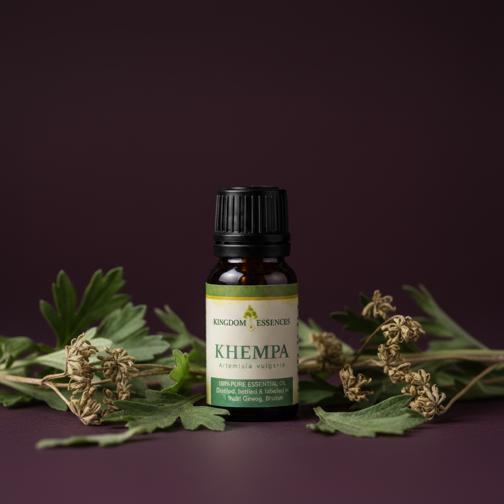 A bottle of Kingdom Essentials Khempa Essential Oil surrounded by fresh green leaves and dried flower buds on a dark purple background.