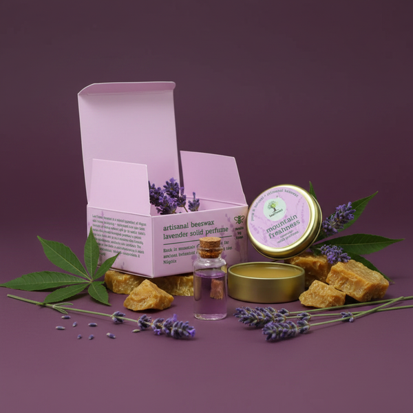 Lavender soap gift set featuring a lavender-scented open pink box, a round tin labeled Mountain Rosemary, a small glass bottle with lavender liquid, and natural soap bars and lavender sprigs arranged on a mauve background.