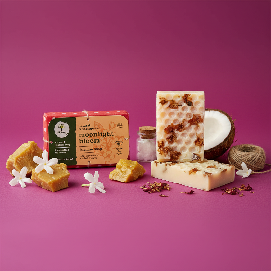 Natural soap bars and packaging on a pink background