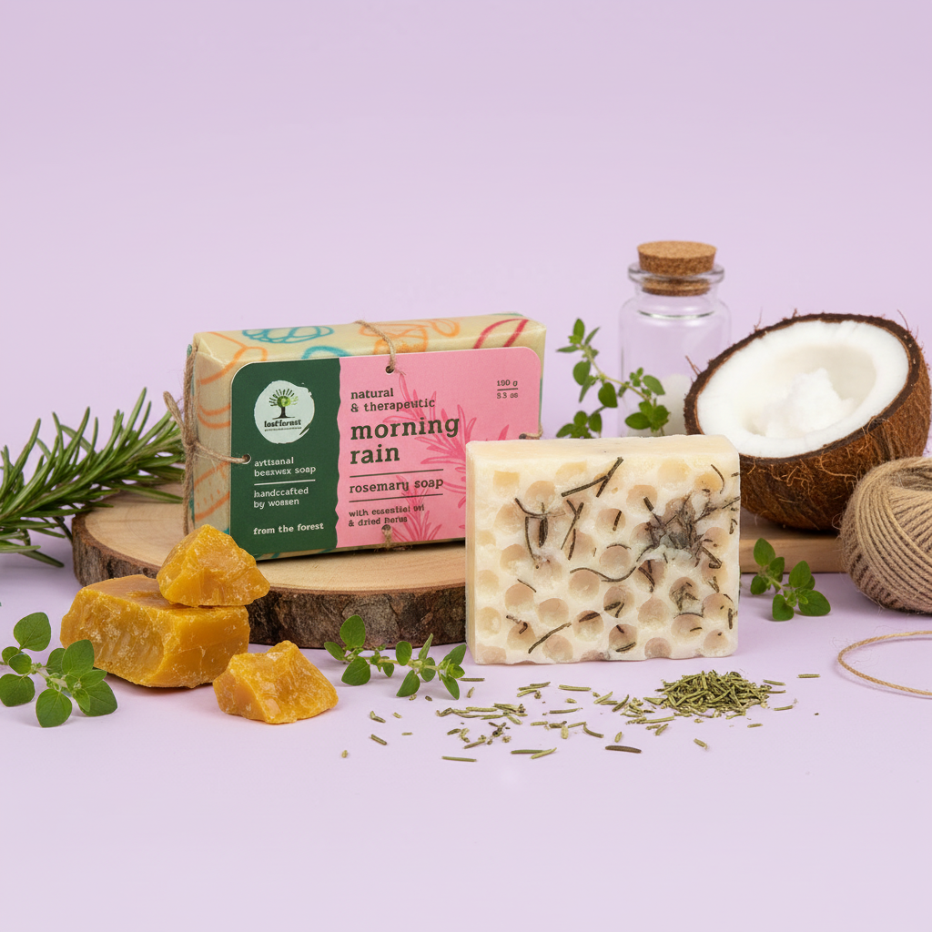 Natural soap bars with herbs and a coconut on a light purple background