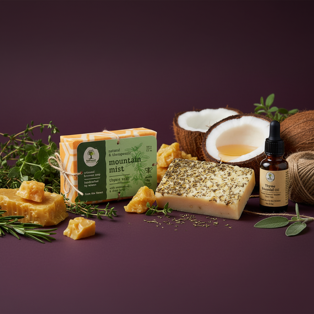 Natural skincare products including soap, coconuts, and essential oil on a purple background