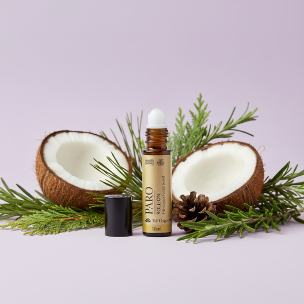 Coconut oil roll-on bottle with coconuts and pine branches on a light purple background