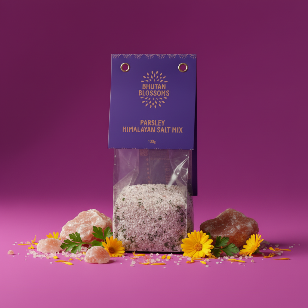 Parsley Himalayan Salt Mix packaging with salt crystals, flowers, and rocks on a purple background