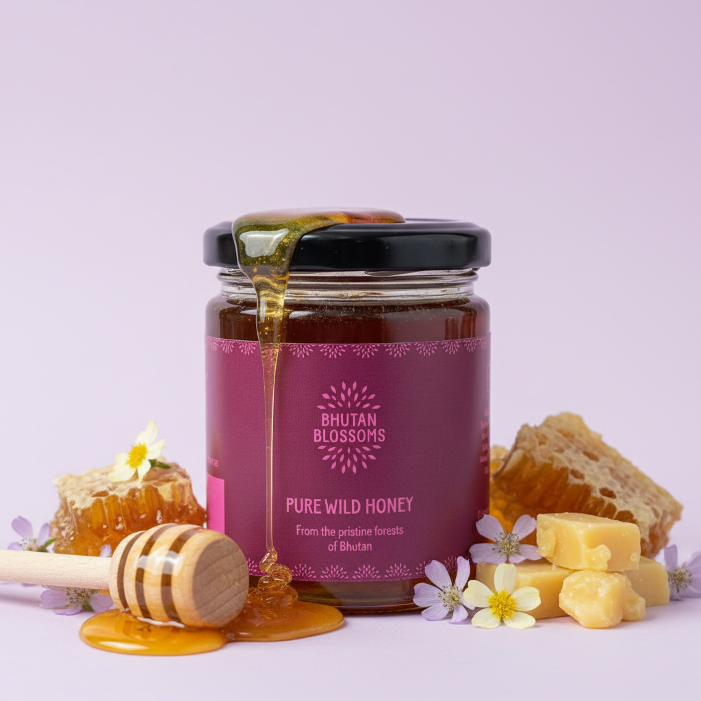 Jar of Bhutan Blossoms pure wild honey with honeycomb and flowers on a light purple background