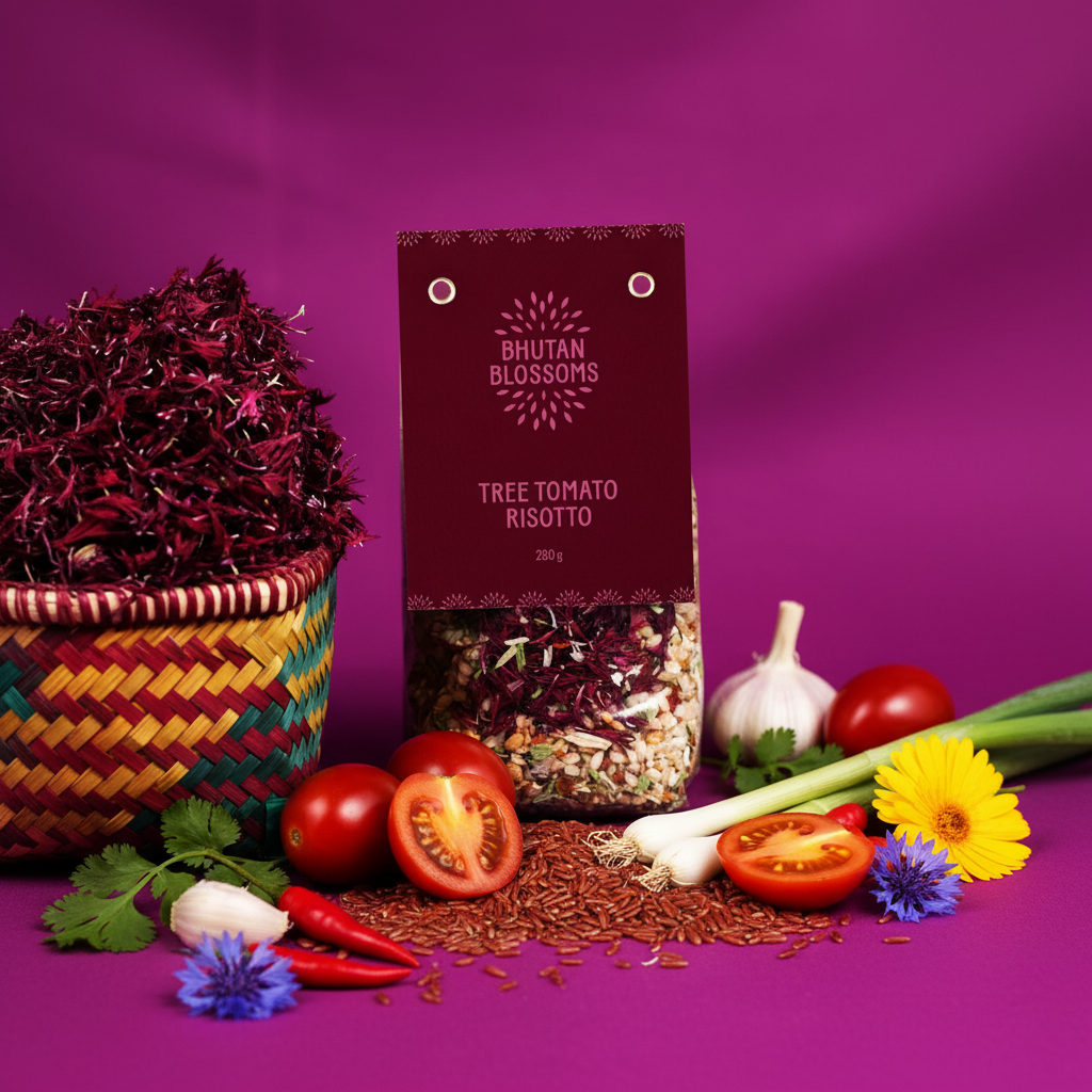 Bhutan Blossoms Tree Tomato Risotto package with ingredients on a purple background