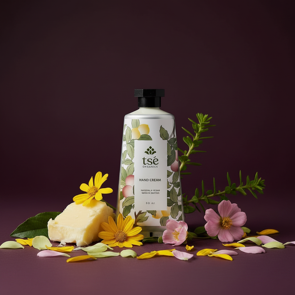 Tse Organics hand cream with flowers and butter on a dark purple background