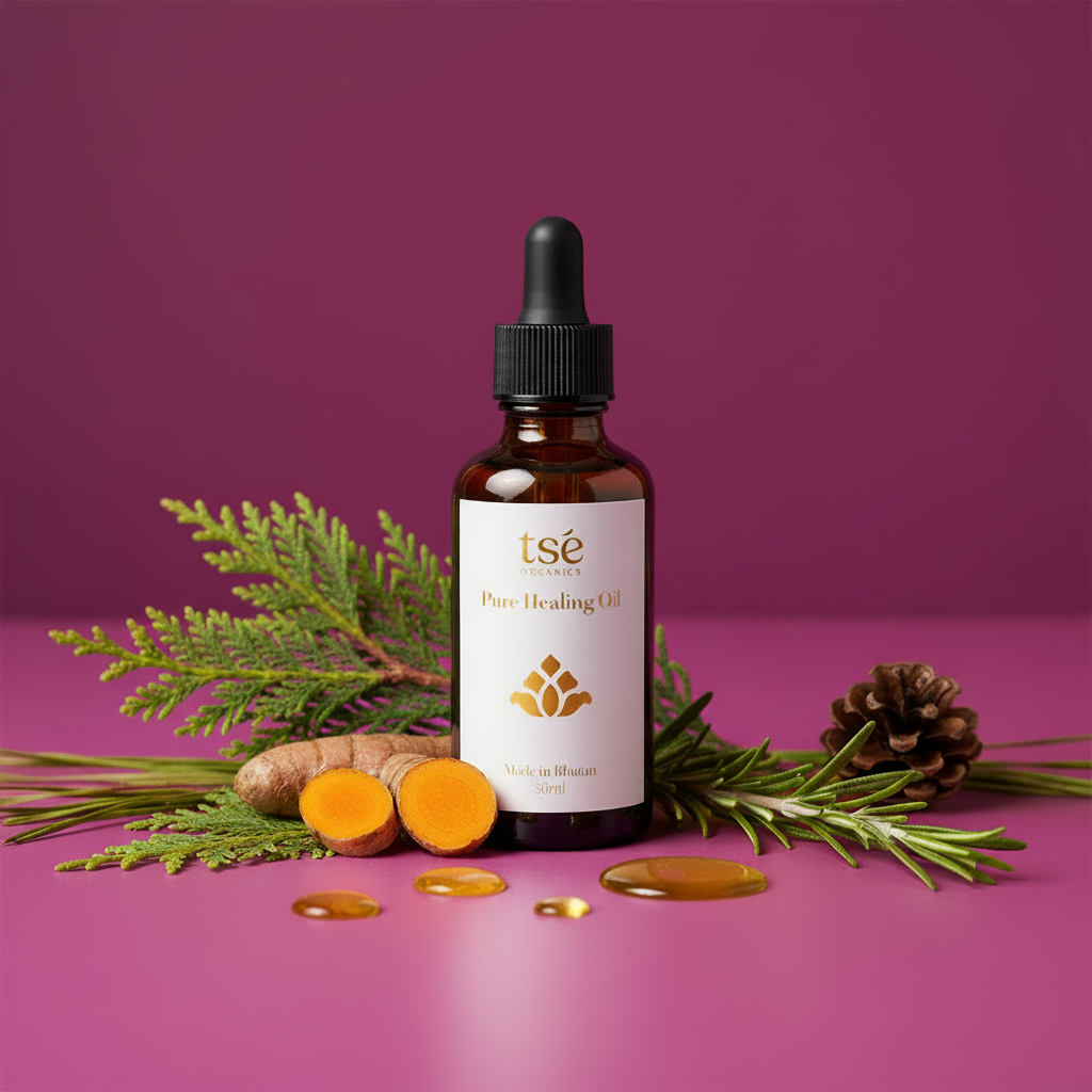 Bottle of tè Pure Healing Oil with natural elements on a purple background