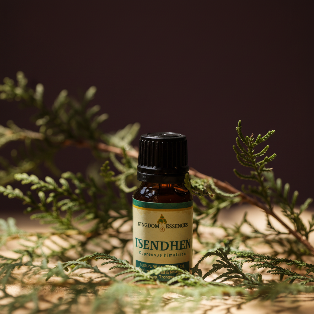 A small amber glass bottle of Kingdom Essences Tsendhen essential oil with a black cap and cream label, styled on a wooden surface with green pine branches against a dark brown background.