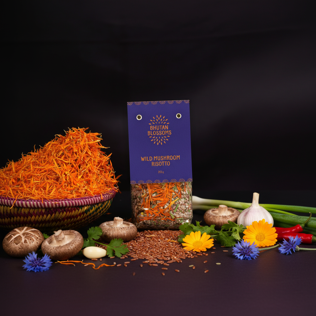 Bhutan Blossoms Wild Mushroom Risotto package with ingredients on a dark background